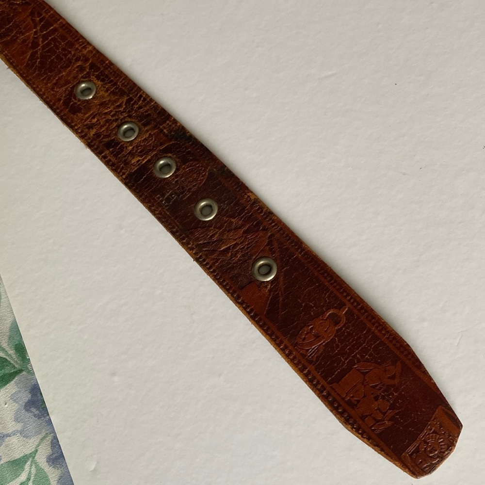 Vintage hand tooled brown leather 46” belt with brass ship buckle